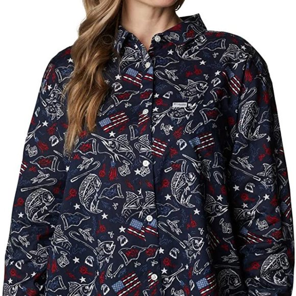 🆕Columbia Women's Slack Water Woven LS Shirt, Collegiate Navy Americana Fishing - Picture 2 of 7